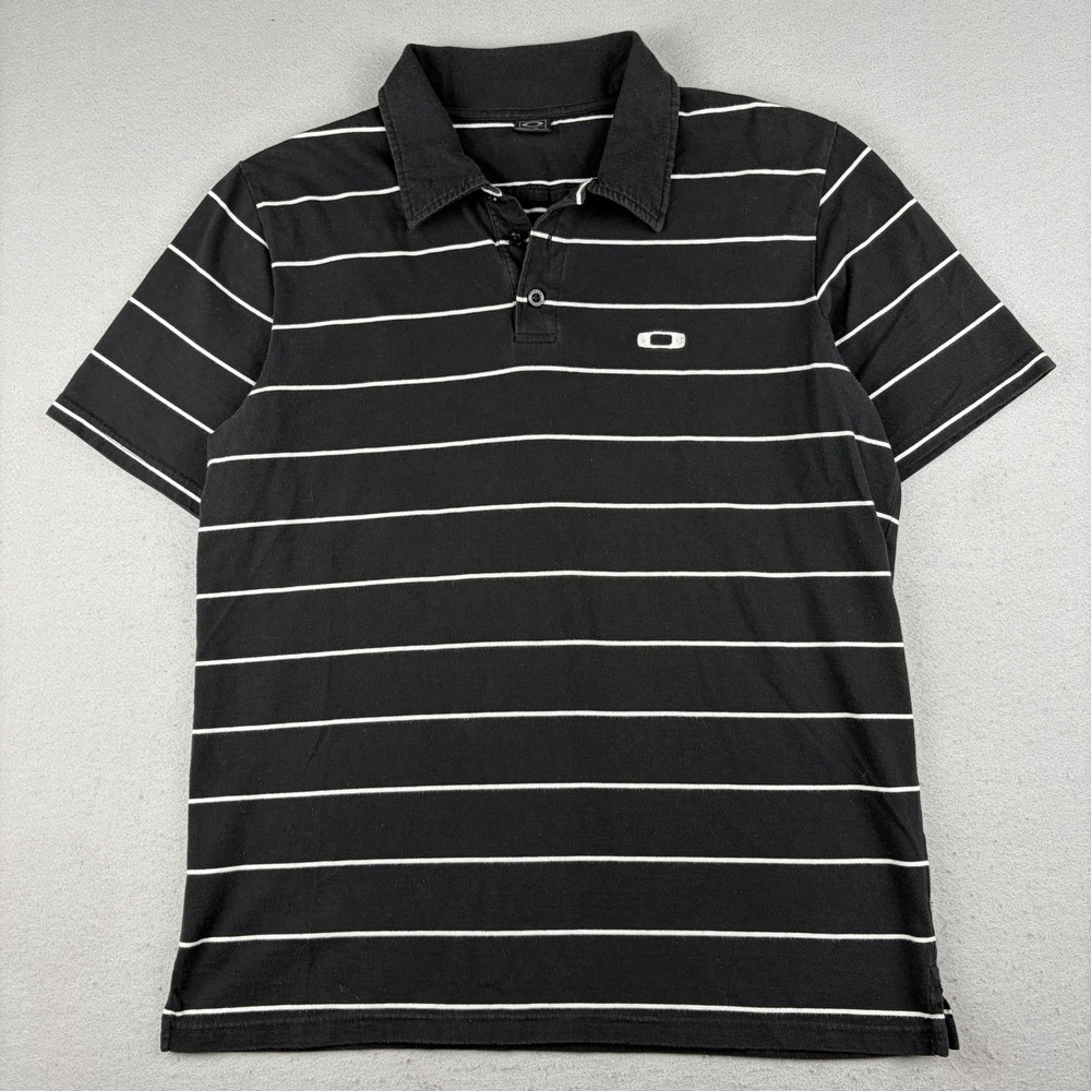 Y2K Oakley Polo Shirt Men's Large Black White Striped Embroidered Logo